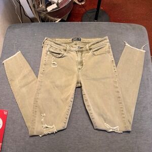 Abercrombie & Fitch Harper Super Skinny Jeans Olive Green Distressed Raw Hem